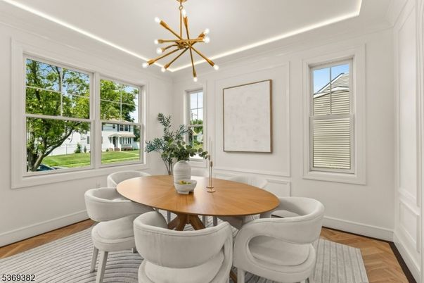Dining room, Interior, Pendant Lights, Wood Texture Flooring