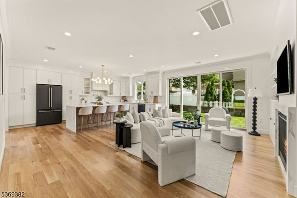 Fireplace, Interior, Kitchen, Living room, Pendant Lights, Recessed Lighting, Wood Texture Flooring