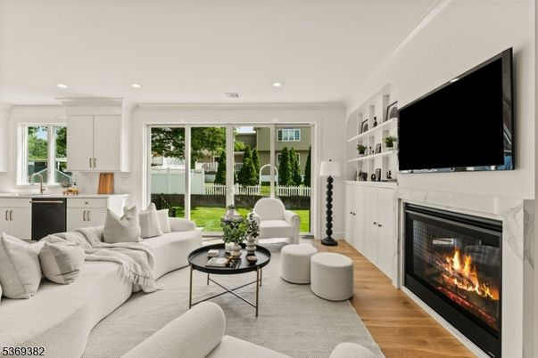 Fireplace, Interior, Living room, Recessed Lighting, Wood Texture Flooring