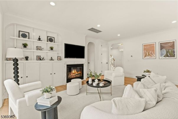 Fireplace, Interior, Living room, Recessed Lighting, Wood Texture Flooring