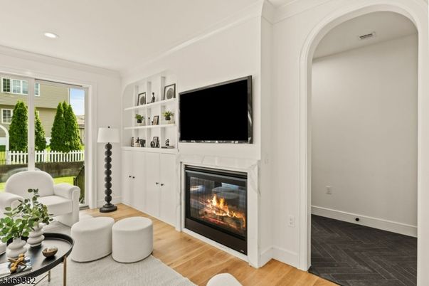 Fireplace, Interior, Living room, Recessed Lighting, Wood Texture Flooring
