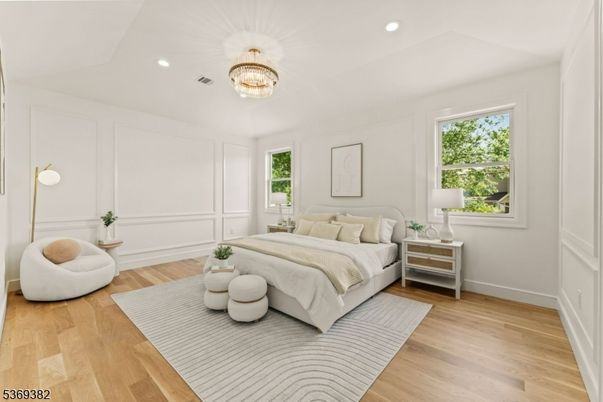 Bedroom, Chandelier, Interior, Recessed Lighting, Wood Texture Flooring