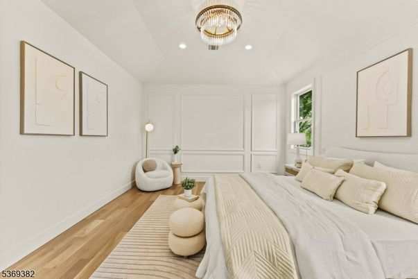 Bedroom, Chandelier, Interior, Recessed Lighting, Wood Texture Flooring
