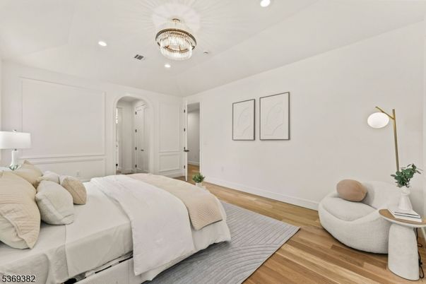 Bedroom, Chandelier, Interior, Recessed Lighting, Wood Texture Flooring