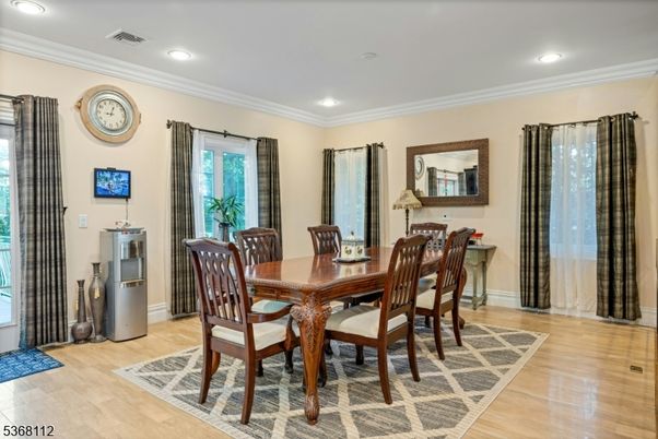 Dining room, Interior, Recessed Lighting, Wood Texture Flooring
