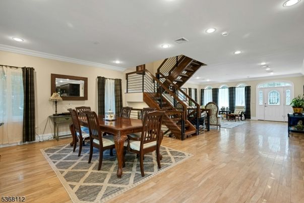 Dining room, Interior, Recessed Lighting, Wood Texture Flooring