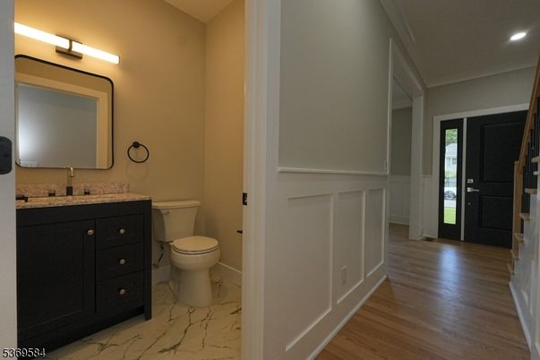 Bathroom, Interior, Marble, Recessed Lighting, Wood Texture Flooring