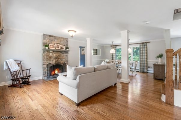 Dining room, Fireplace, Interior, Living room, Pendant Lights, Wood Texture Flooring