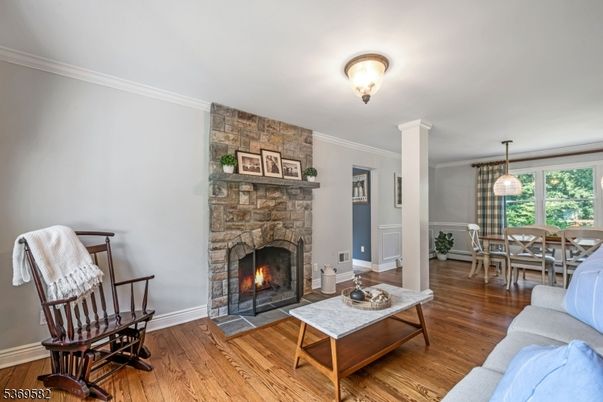 Dining room, Fireplace, Interior, Living room, Pendant Lights, Wood Texture Flooring