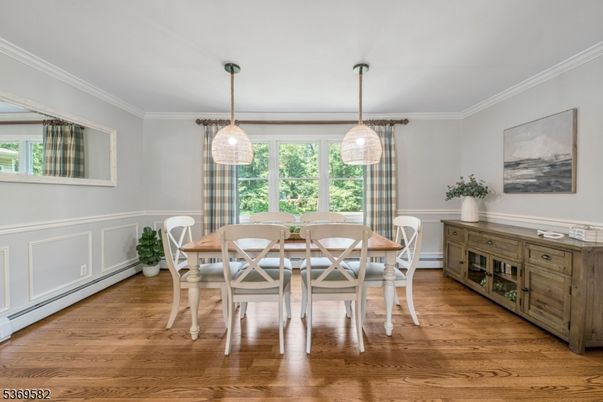 Dining room, Interior, Pendant Lights, Wood Texture Flooring