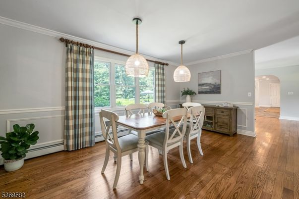 Dining room, Interior, Pendant Lights, Wood Texture Flooring