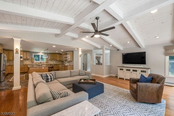 Interior, Kitchen, Living room, Pendant Lights, Recessed Lighting, Stainless Steel Appliances, Wood Texture Flooring