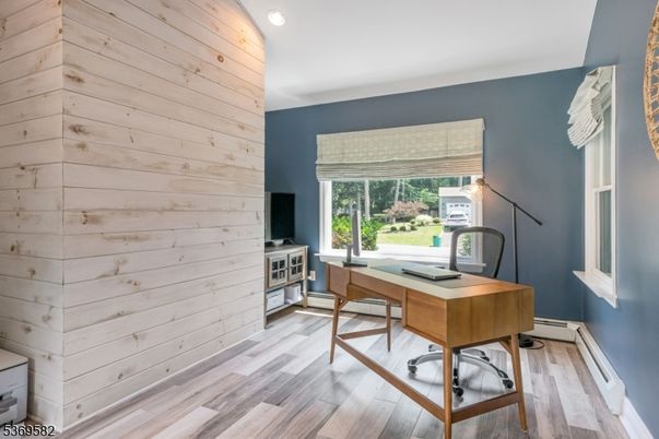 Home Office, Interior, Recessed Lighting, Wood Texture Flooring, Wooden Walls
