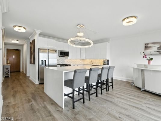 Interior, Kitchen, Pendant Lights, Stainless Steel Appliances, Wood Texture Flooring