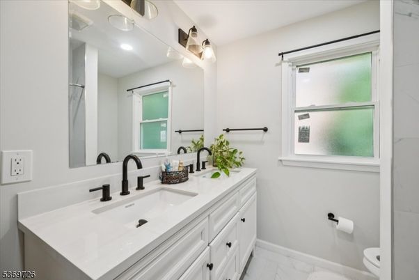 Bathroom, Dual Sink Vanities, Interior, Marble, Recessed Lighting