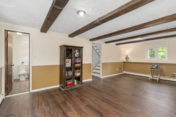 Bathroom, Empty room, Interior, Recessed Lighting, Wooden Beams, Wood Texture Flooring