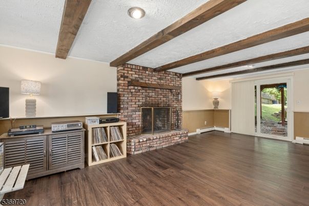 Empty room, Fireplace, Interior, Recessed Lighting, Wooden Beams, Wood Texture Flooring