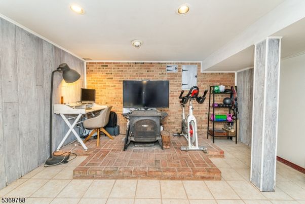 Fireplace, Interior, Recessed Lighting, Stone Walls