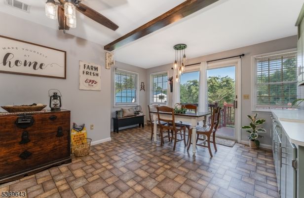 Dining room, Interior, Pendant Lights, Wooden Beams