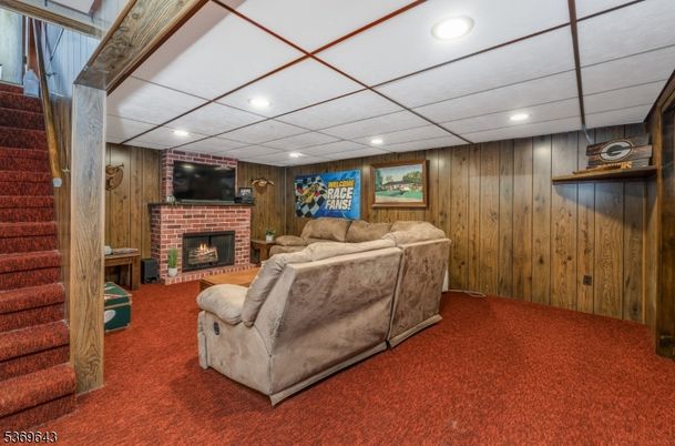 Fireplace, Interior, Living room, Recessed Lighting, Wooden Walls