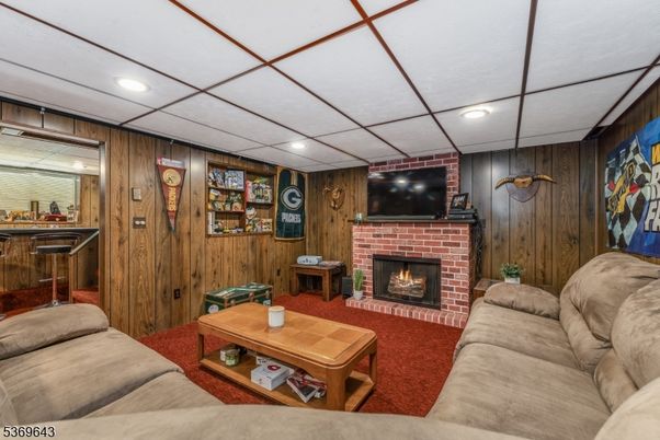 Fireplace, Interior, Living room, Recessed Lighting, Wooden Walls