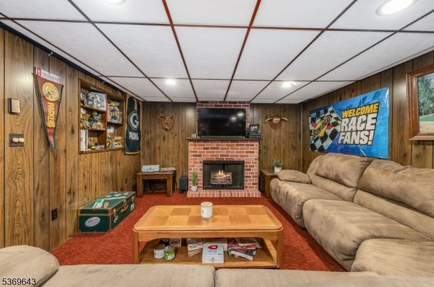 Fireplace, Interior, Living room, Recessed Lighting, Wooden Walls
