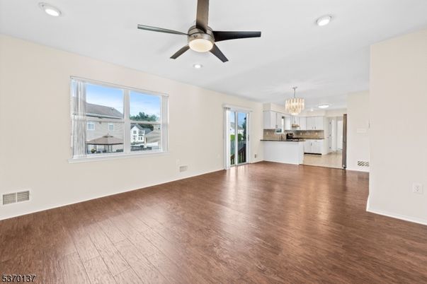 Chandelier, Empty room, Interior, Kitchen, Recessed Lighting, Wood Texture Flooring