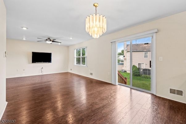 Chandelier, Empty room, Interior, Recessed Lighting, Wood Texture Flooring