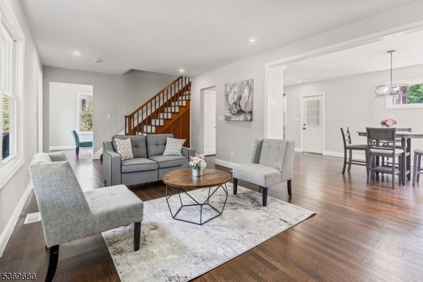 Dining room, Interior, Living room, Pendant Lights, Recessed Lighting, Wood Texture Flooring