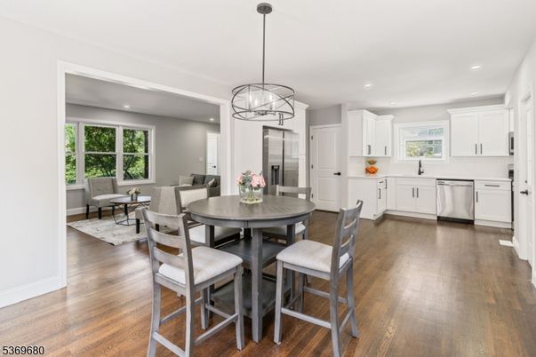 Dining room, Interior, Kitchen, Living room, Pendant Lights, Recessed Lighting, Stainless Steel Appliances, Wood Texture Flooring