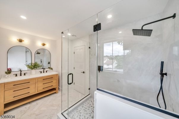 Bathroom, Dual Sink Vanities, Glass Shower, Interior, Marble, Recessed Lighting