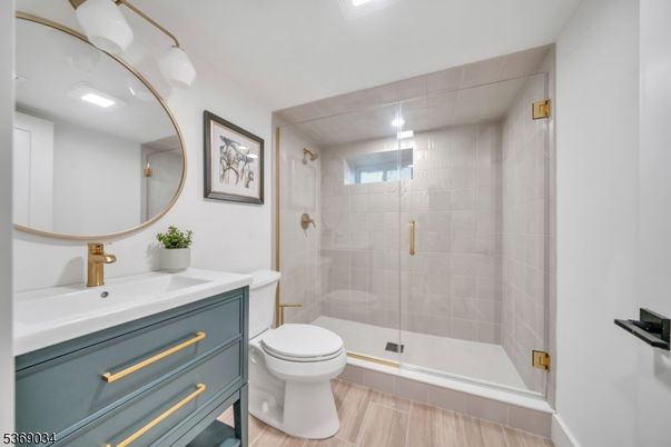 Bathroom, Glass Shower, Interior, Recessed Lighting, Wood Texture Flooring