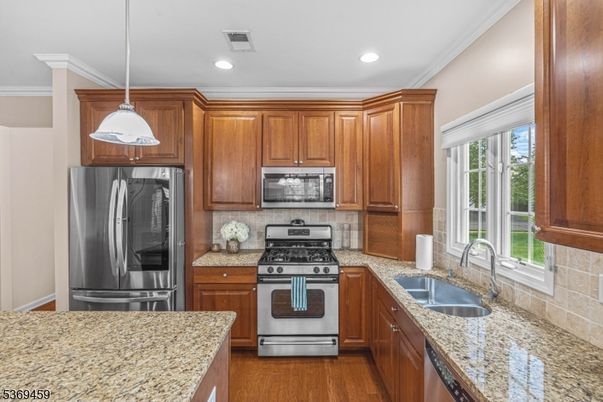 Interior, Kitchen, Pendant Lights, Recessed Lighting, Stainless Steel Appliances, Wood Texture Flooring
