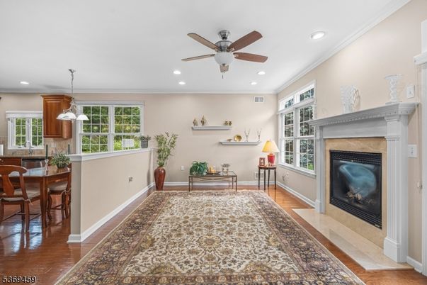 Dining room, Fireplace, Interior, Pendant Lights, Recessed Lighting, Wood Texture Flooring