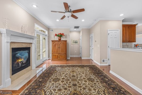 Fireplace, Interior, Recessed Lighting, Wood Texture Flooring