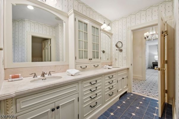 Bathroom, Chandelier, Dual Sink Vanities, Interior, Recessed Lighting