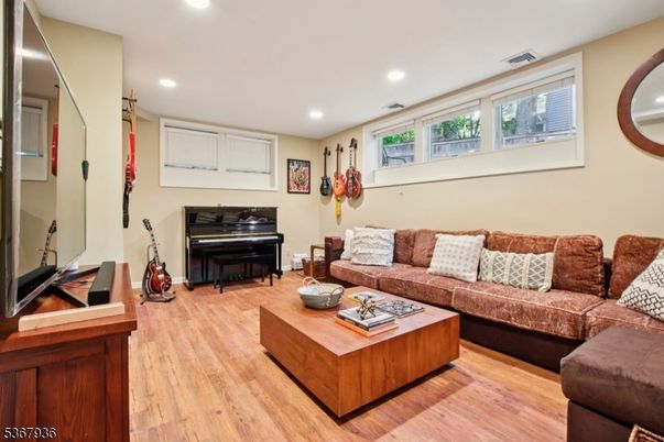 Interior, Living room, Piano, Recessed Lighting, Wood Texture Flooring