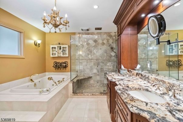 Bathroom, Chandelier, Dual Sink Vanities, Glass Shower, Interior, Recessed Lighting