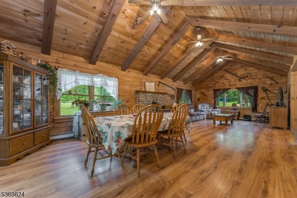 Dining room, Fireplace, Interior, Wooden Beams, Wooden Ceilings, Wood Texture Flooring, Wooden Walls