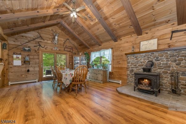 Dining room, Fireplace, Interior, Stone Walls, Wooden Beams, Wooden Ceilings, Wood Texture Flooring, Wooden Walls