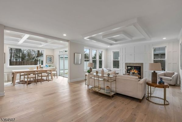 Dining room, Fireplace, Interior, Living room, Recessed Lighting, Wood Texture Flooring