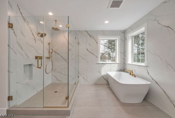 Bathroom, Free Standing Baths, Glass Shower, Interior, Marble Walls, Recessed Lighting