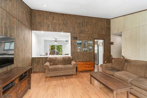 Interior, Living room, Recessed Lighting, Wood Texture Flooring, Wooden Walls