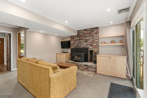 Fireplace, Interior, Living room, Recessed Lighting, Stone Walls