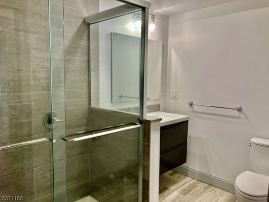 Bathroom, Glass Shower, Interior, Wood Texture Flooring