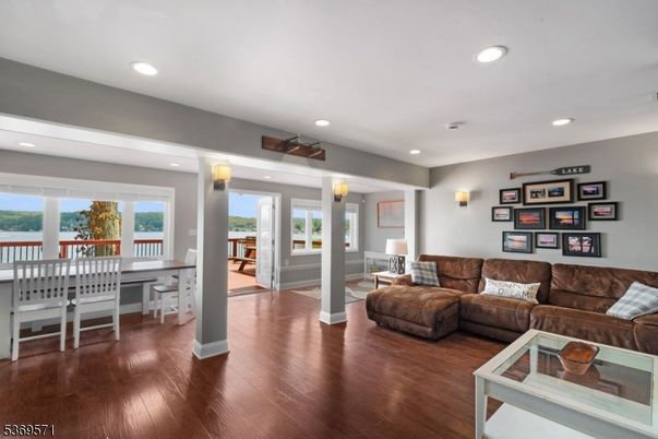 Dining room, Interior, Living room, Recessed Lighting, Wood Texture Flooring