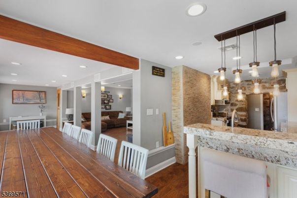 Dining room, Interior, Kitchen, Living room, Pendant Lights, Recessed Lighting, Stainless Steel Appliances, Wood Texture Flooring