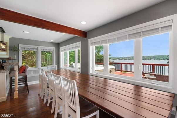 Dining room, Interior, Pendant Lights, Recessed Lighting, Water, Wooden Beams, Wood Texture Flooring