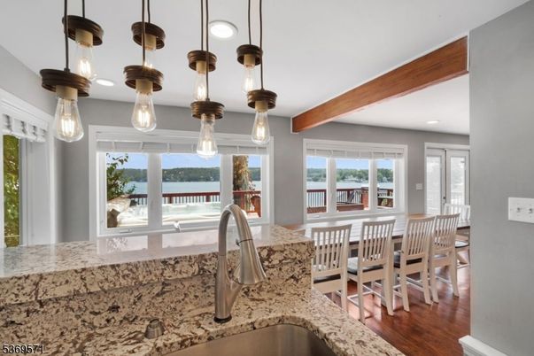 Dining room, Interior, Pendant Lights, Recessed Lighting, Water, Wooden Beams, Wood Texture Flooring