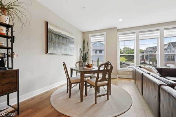 Dining room, Interior, Living room, Recessed Lighting, Wood Texture Flooring